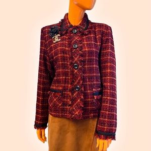 ROBERT LOUIS Metallic Sparkle Tweed Fringe Red Blazer